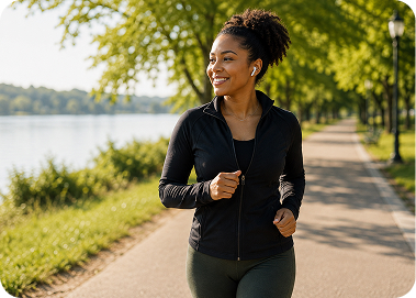 Cheerful African American woman jogging outdoors